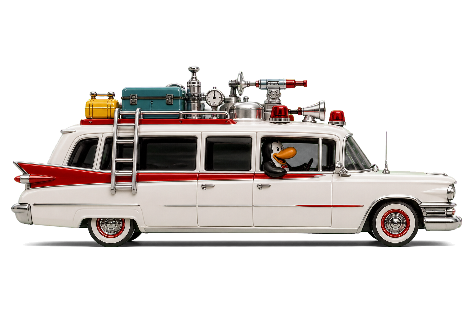 Realistic side-profile diecast penguin collector ambulance inside a molded blister